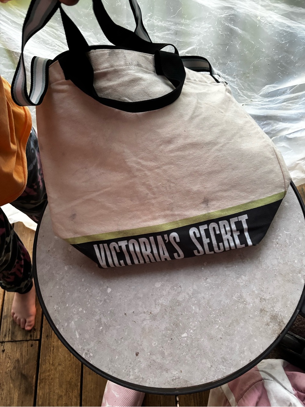 Victoria's Secret Cream Canvas Tote with Black Trim and Green Accent
